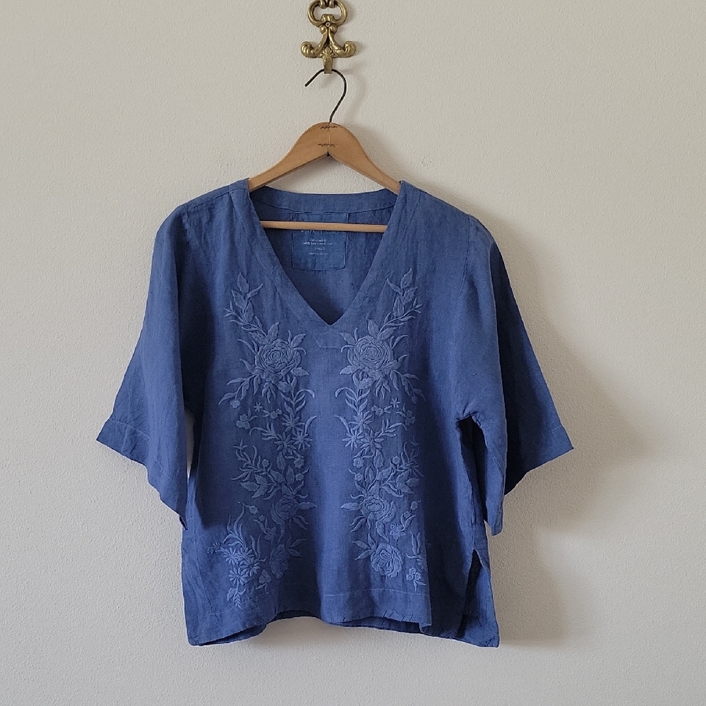 Karyn Seo Blue Embroidered Linen Boxy Fit Top Size Small